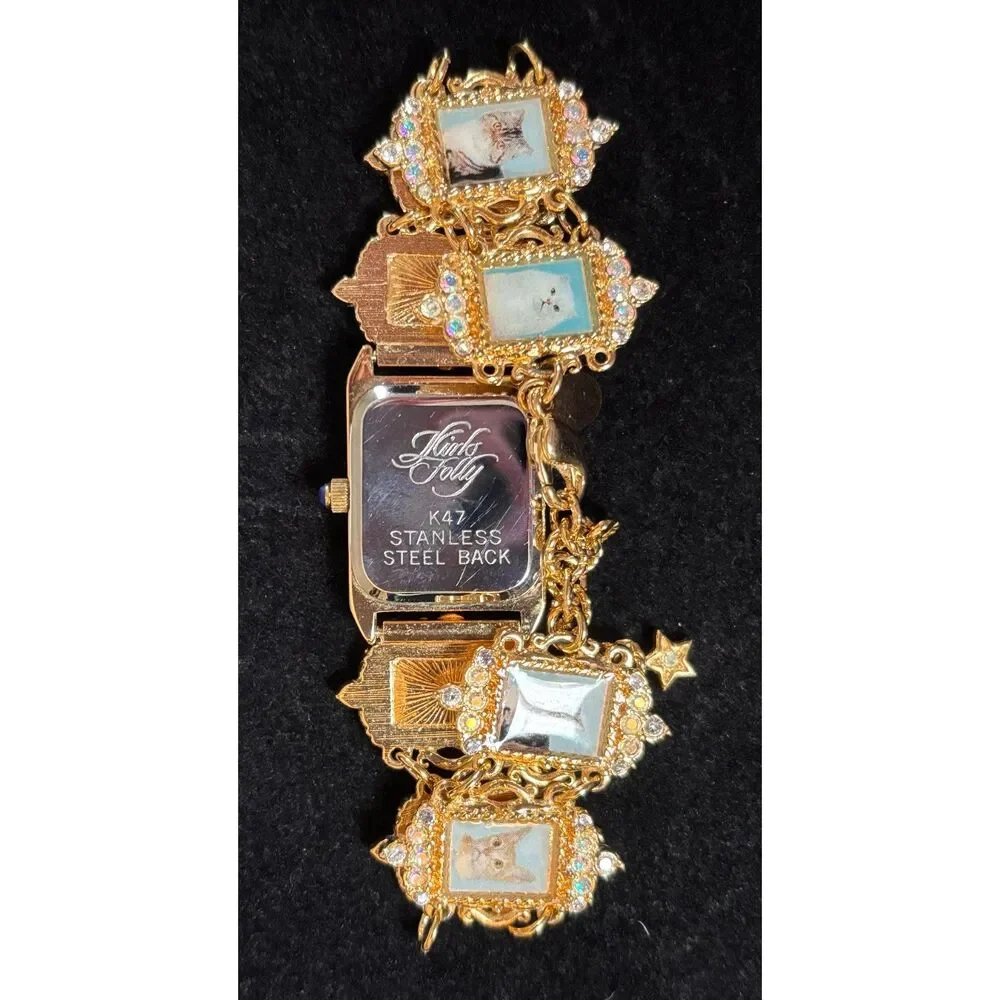 Rare VTG Kirks Folly Cat Portrait Gold Tone Bracelet Watch